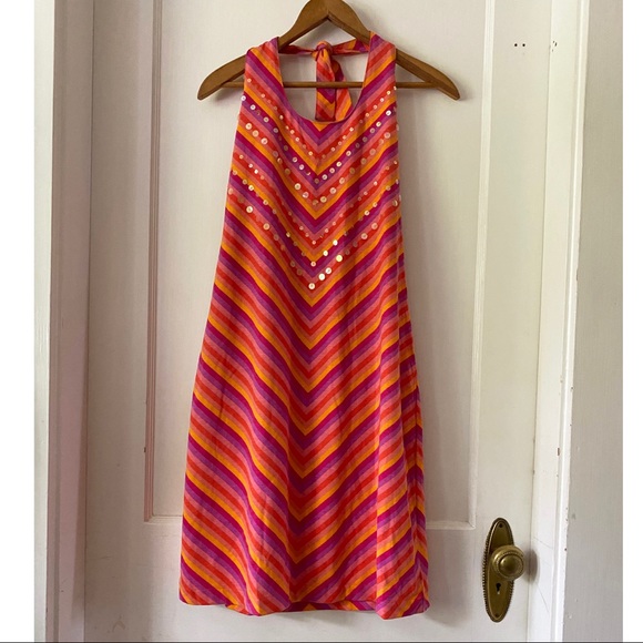 Halter Sequin Dress Orange Purple Peach Gold Tie - Picture 6 of 11